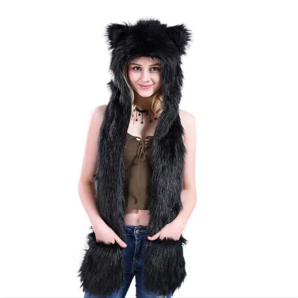 Faux Fur Hat Hood Scarf Full Pockets Ear Flat Cap Hoodie Winter Party Costume